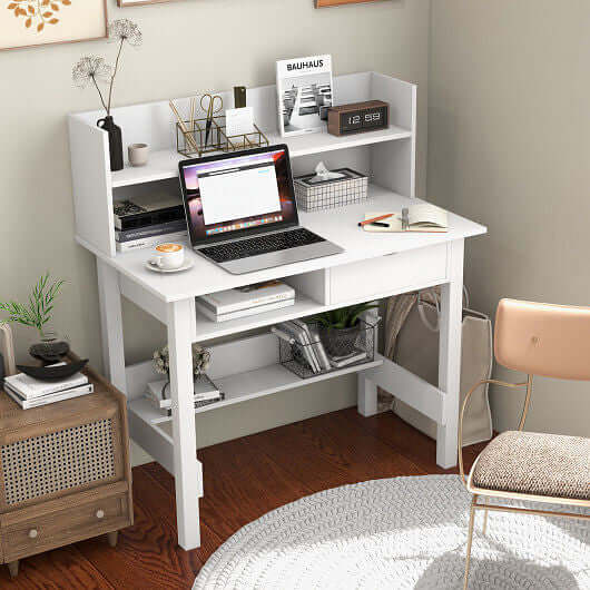 Stylish white office desk with laptop, organizational tools, and decor in a modern workspace for Work & Office.
