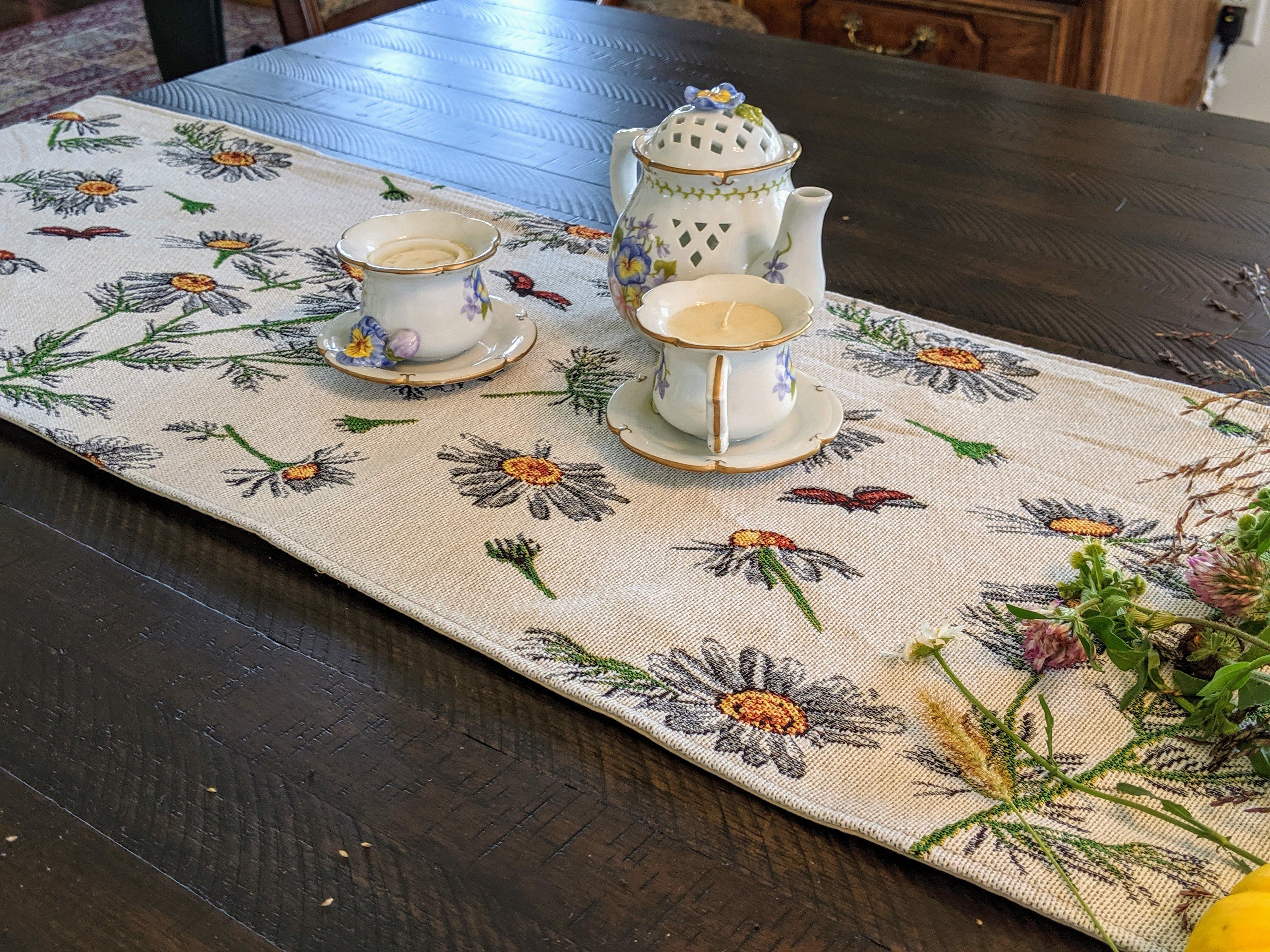Tache Floral Yellow Daisies Ladybugs Ivory Woven Tapestry Table Runner (18114)