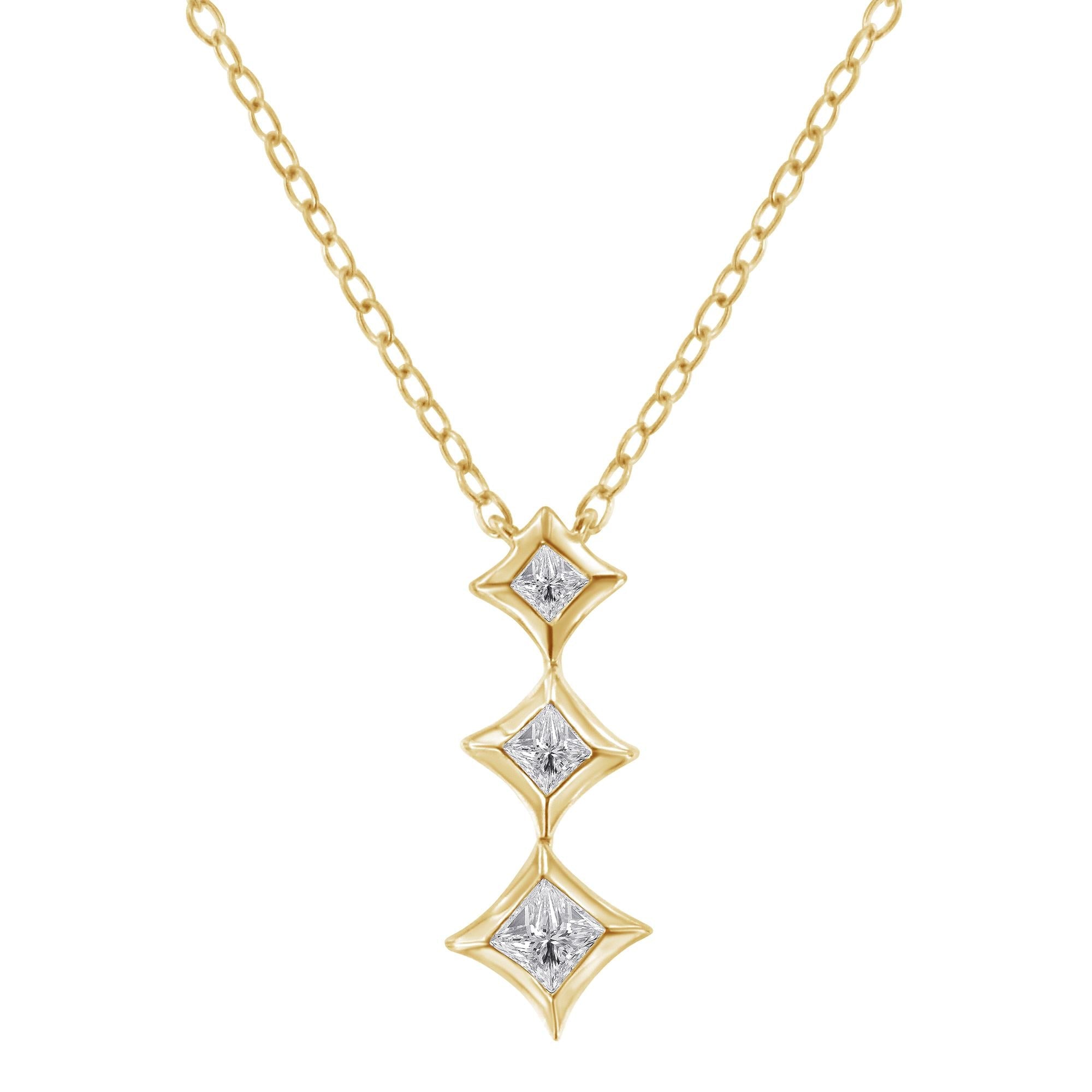 10K Gold 1/5 Cttw Princess Cut Diamond 3 Stone Drop 18" Pendant Necklace (H-I Color, SI2-I1 Clarity)