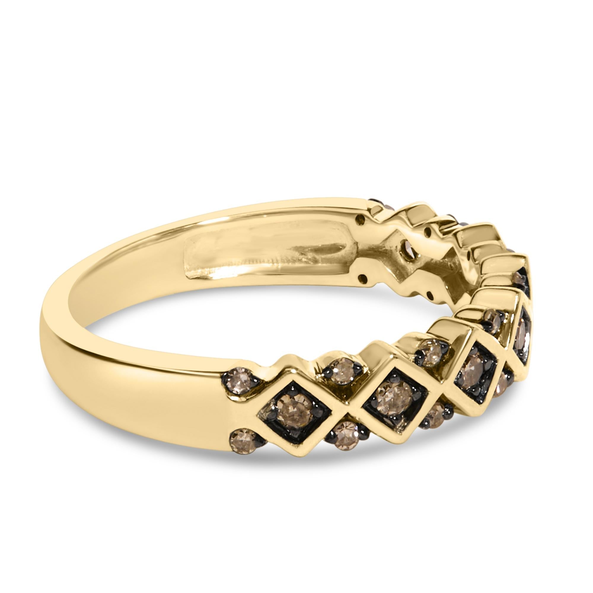 10K Yellow Gold Plated .925 Sterling Silver 1/4 Cttw Champagne Diamond Geometric Band Ring-1