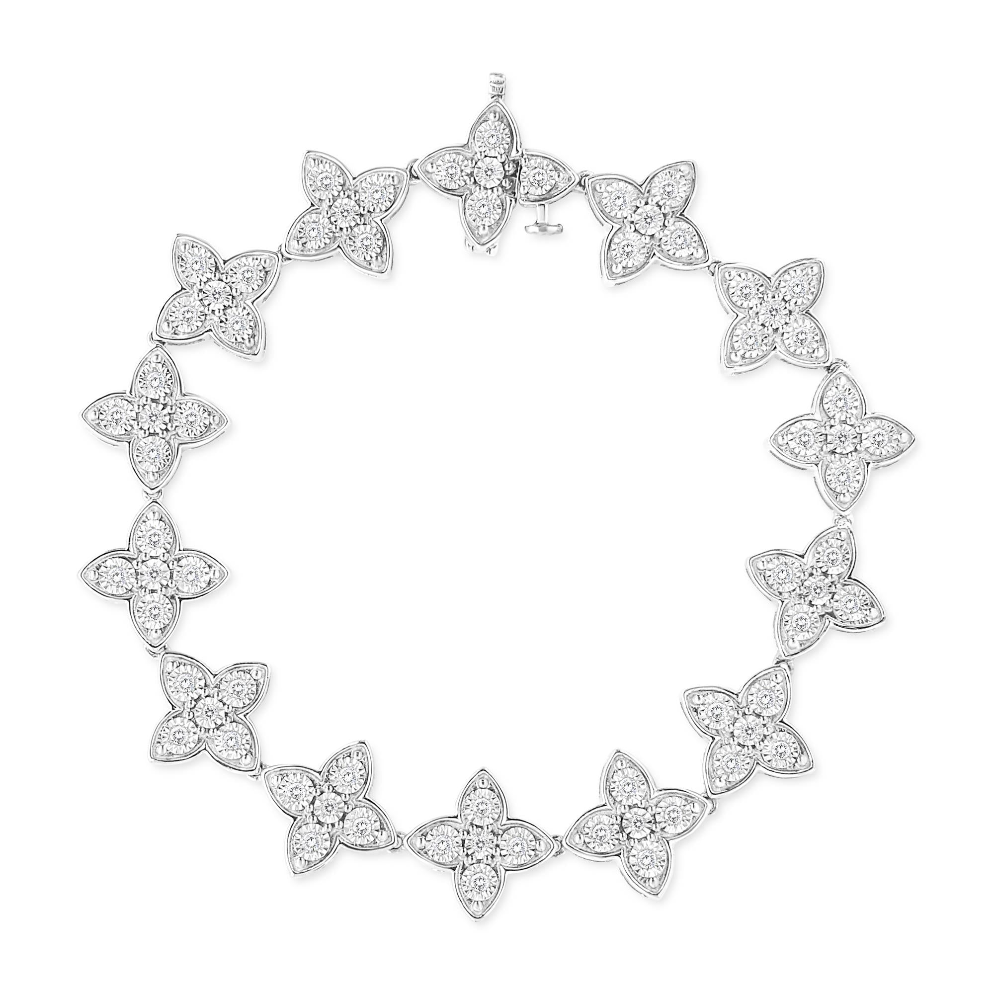 .925 Sterling Silver 1 cttw Miracle-Set Diamond 4 Leaf Clover Link Bracelet (I-J Clarity, I3 Color) - Size 7.25"-1