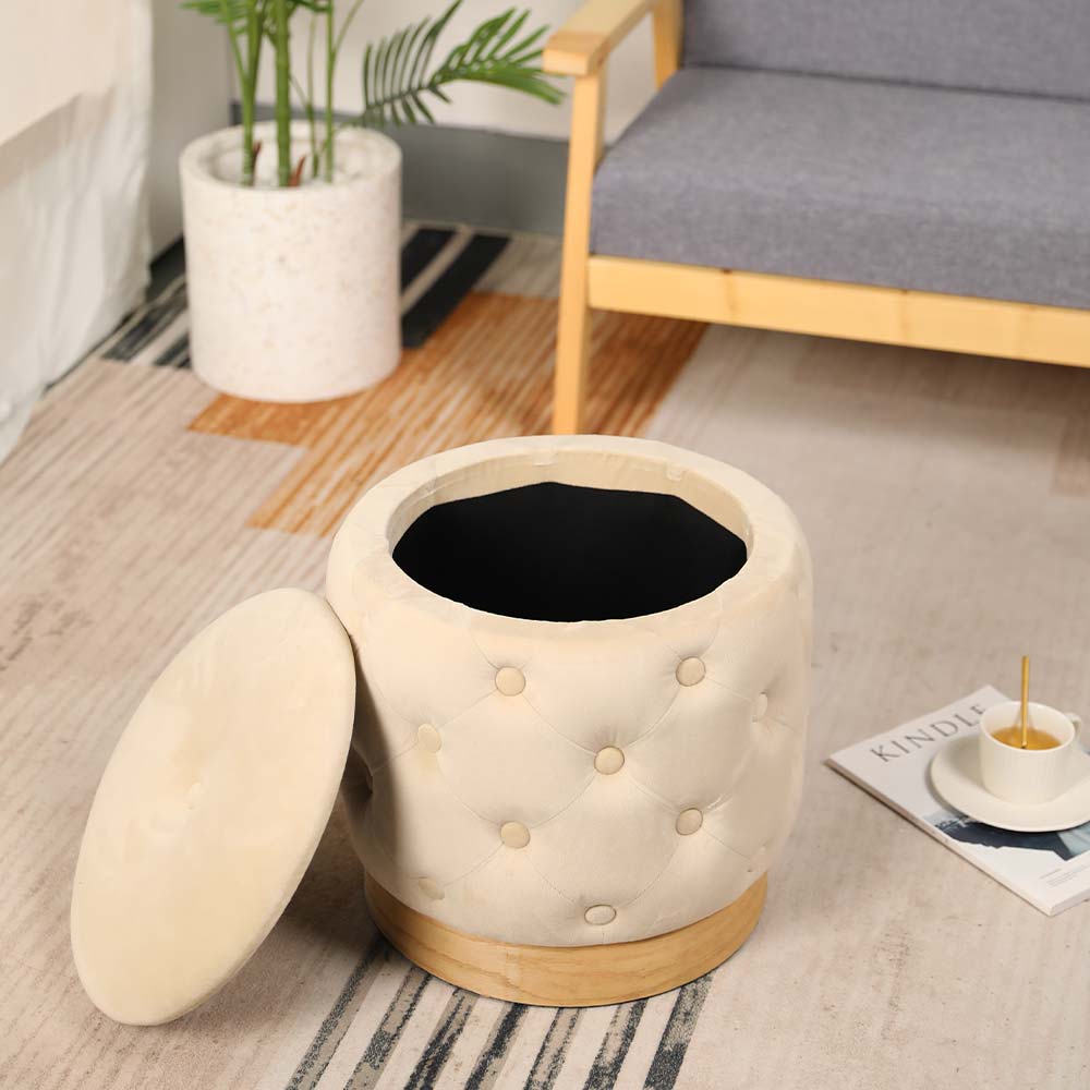 15" Tall Ottoman Velvet with Storage (Beige)