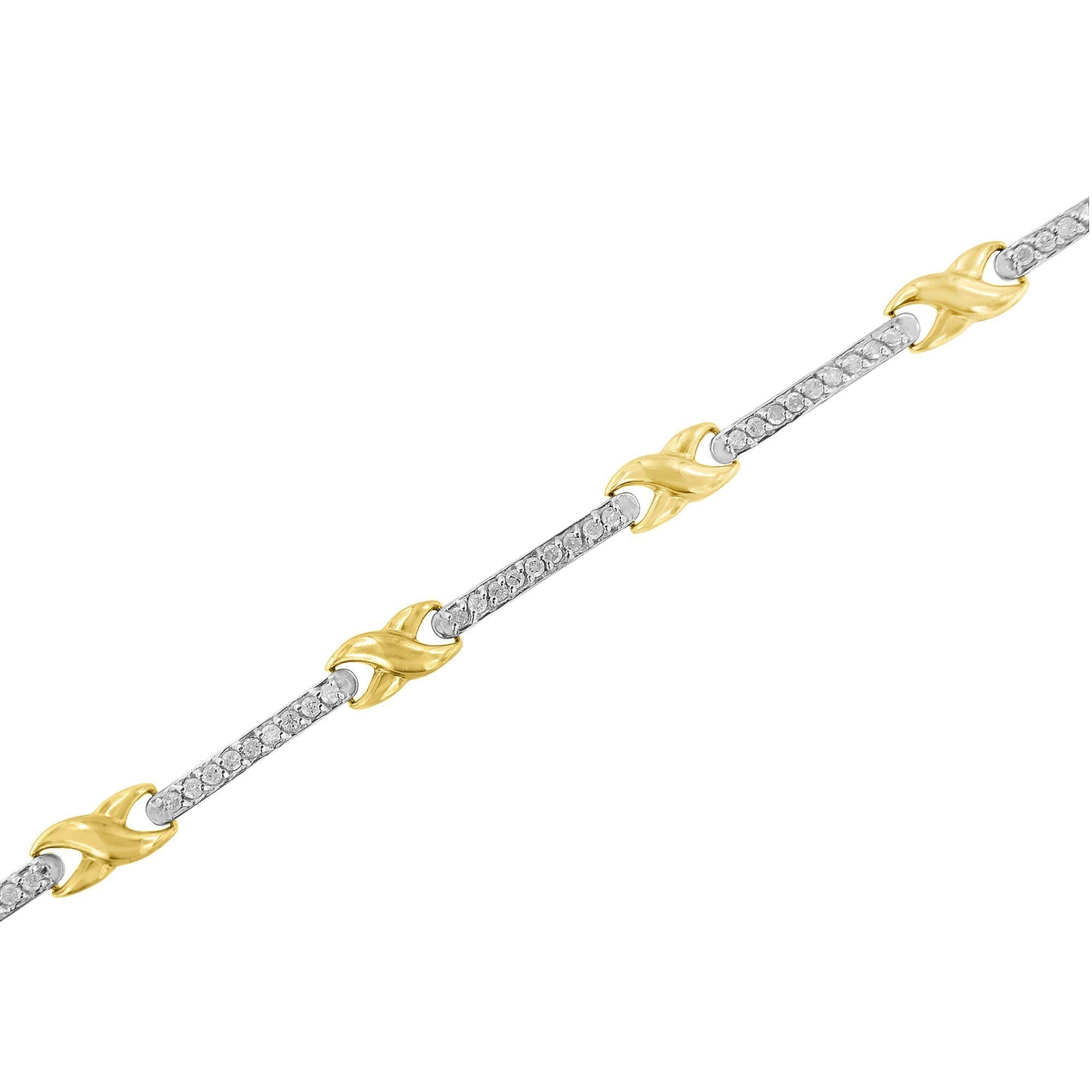 10K Yellow Gold 1.00 Cttw Pave Set Diamond Bar and  X-Link 7" Bracelet (I-J Color, I3 Quality)-2