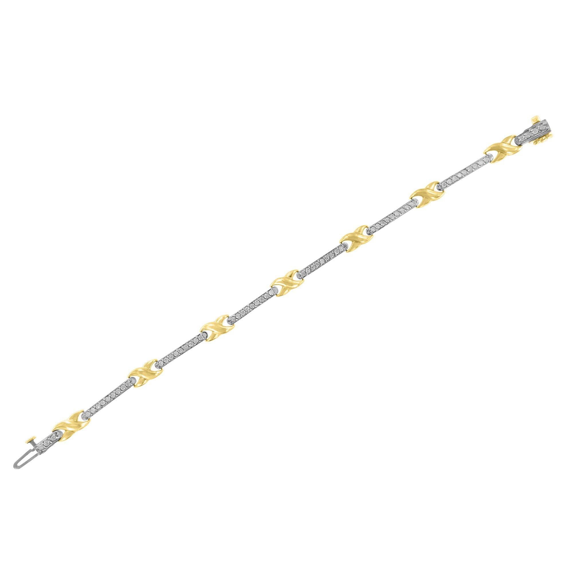 10K Yellow Gold 1.00 Cttw Pave Set Diamond Bar and  X-Link 7" Bracelet (I-J Color, I3 Quality)-3
