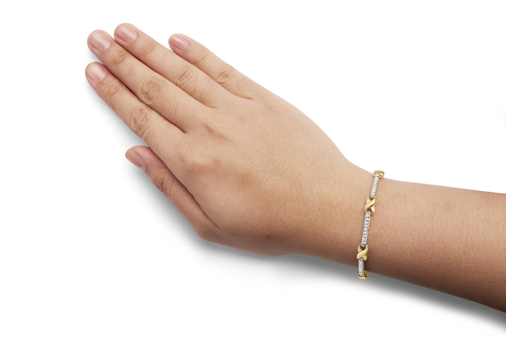 10K Yellow Gold 1.00 Cttw Pave Set Diamond Bar and  X-Link 7" Bracelet (I-J Color, I3 Quality)-4