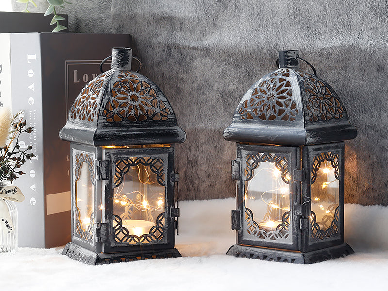 8'' High Metal Vintage Hanging Battery Operated Decorative Lantern with LED Fairy Lights (Set of 2 )