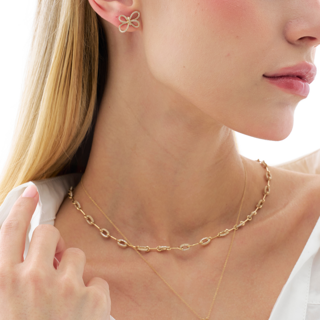 Paved Horsebit Link Chain Necklace- Moissanite And Gold Dipped Sterling Silver