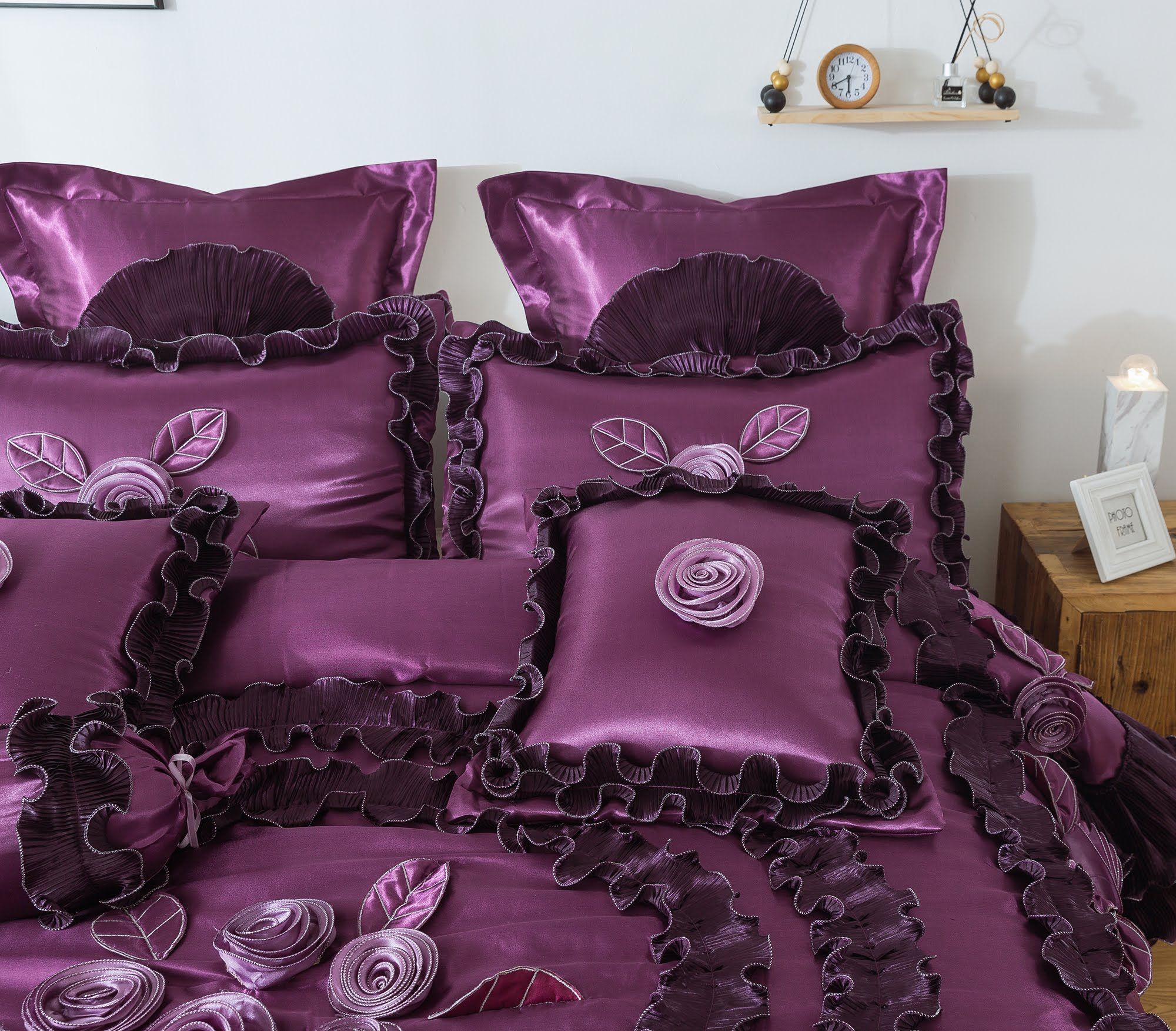 Tache Satin Ruffle Dark Purple Midnight Bloom Euro Sham (BM6438)