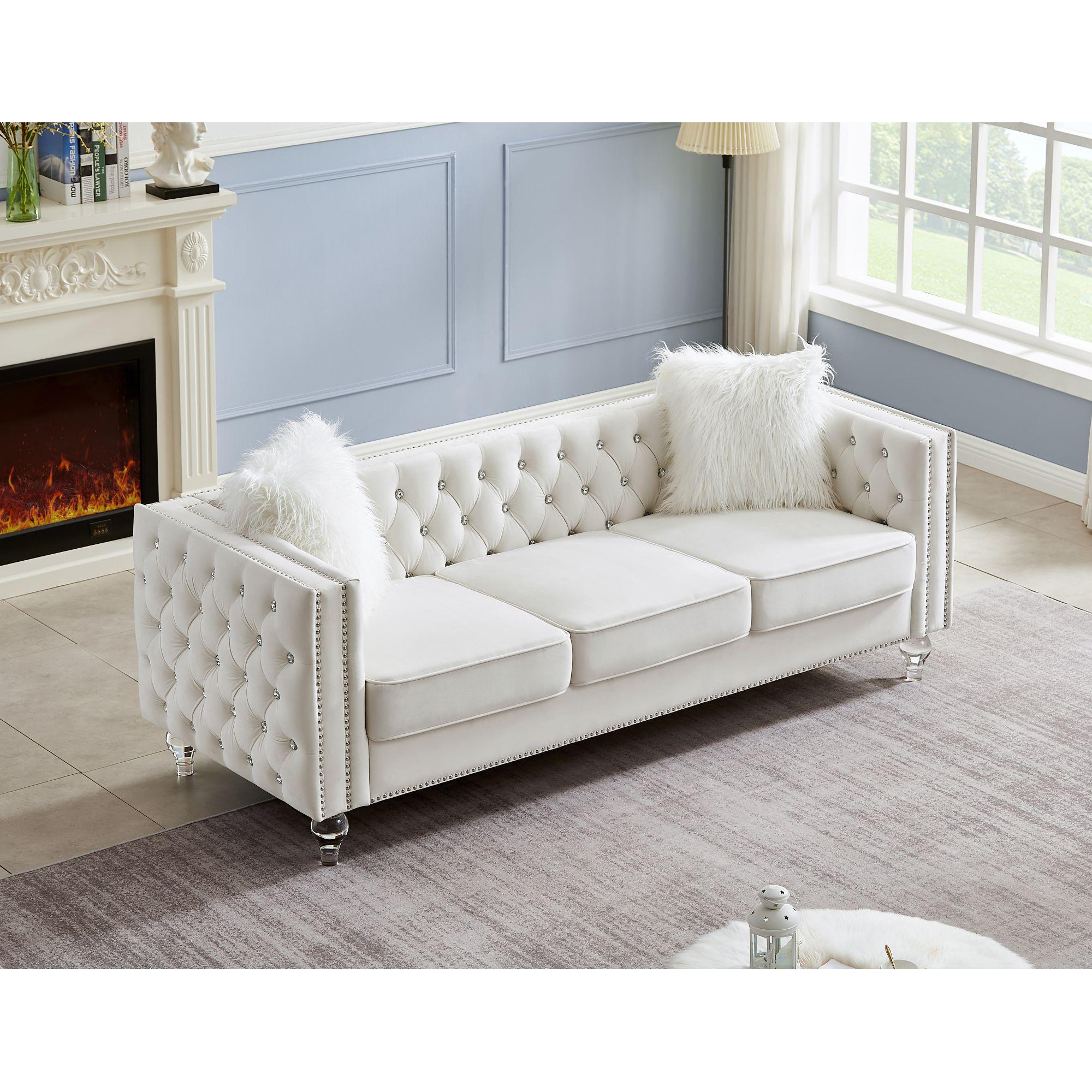 Velvet Upholstery Tufted Sofa Crystal Feet Removable Cushion