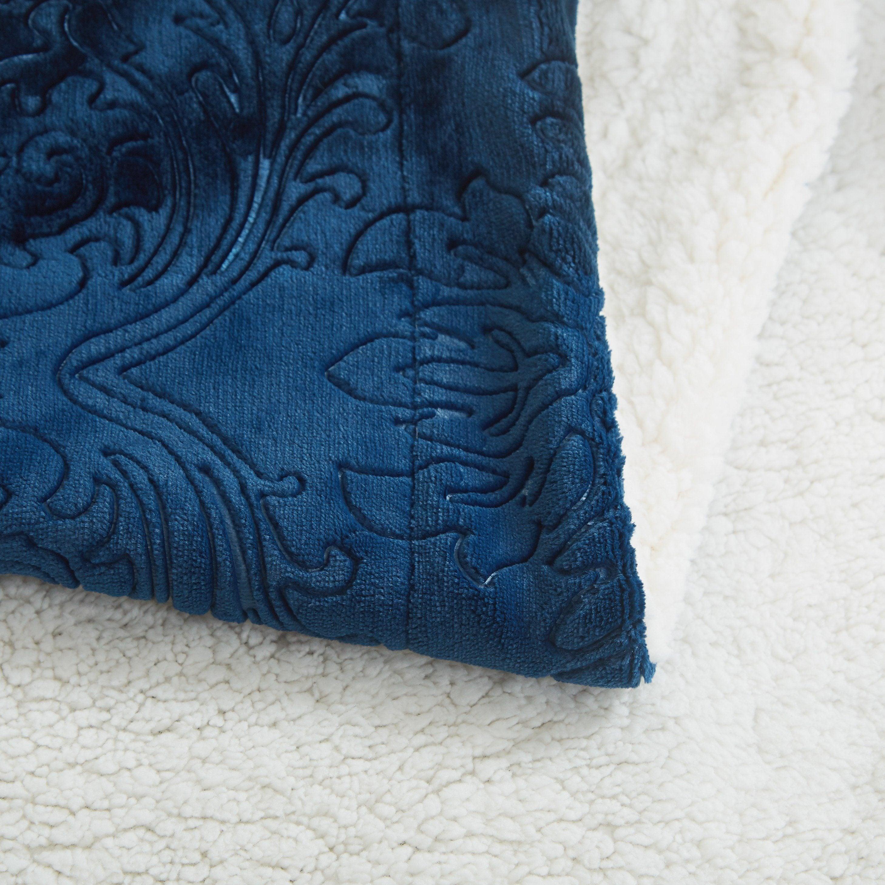 Tache Solid Embossed Cozy Night Blue Sherpa Throw Blanket