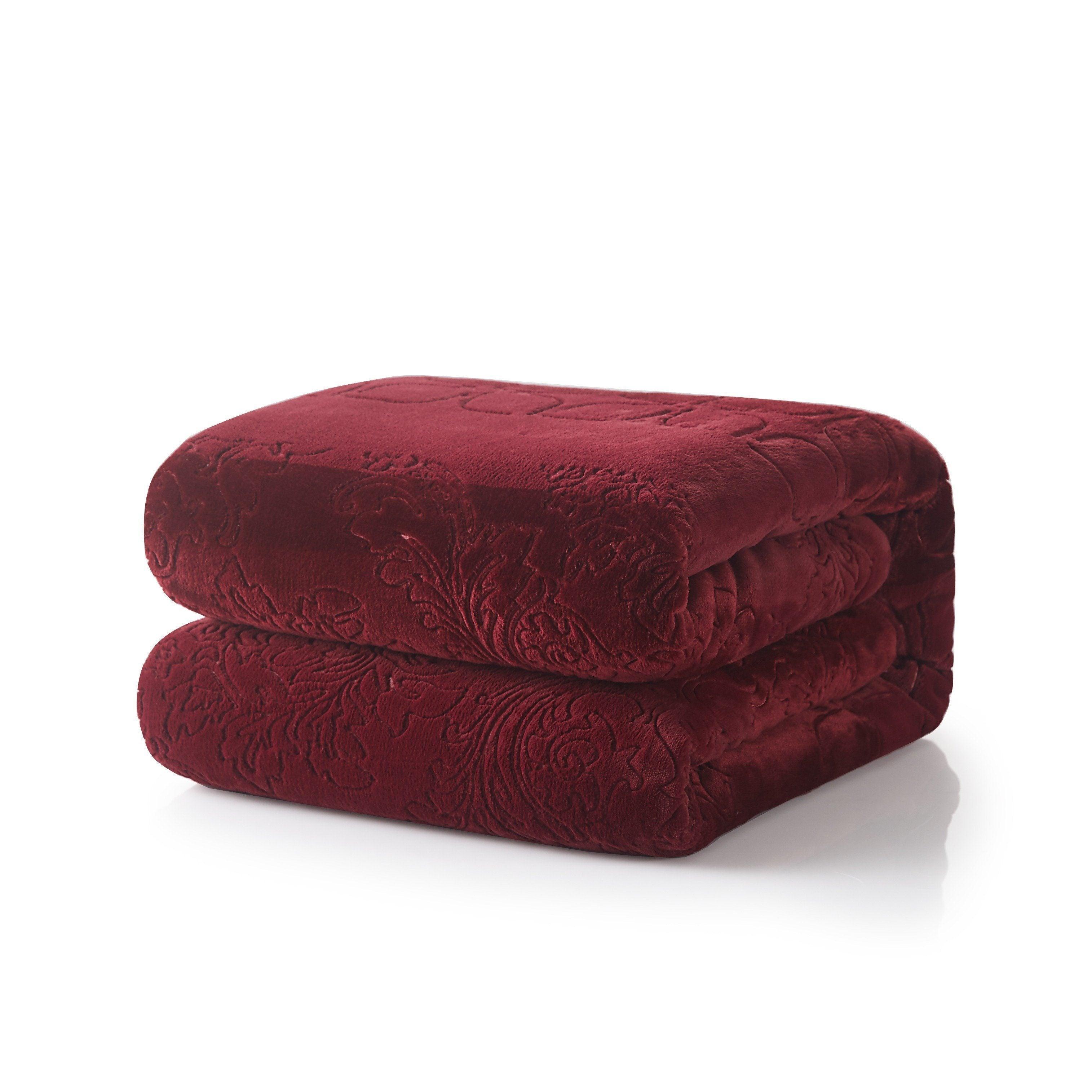 Tache Solid Embossed Merlot Red Sherpa Throw Blanket