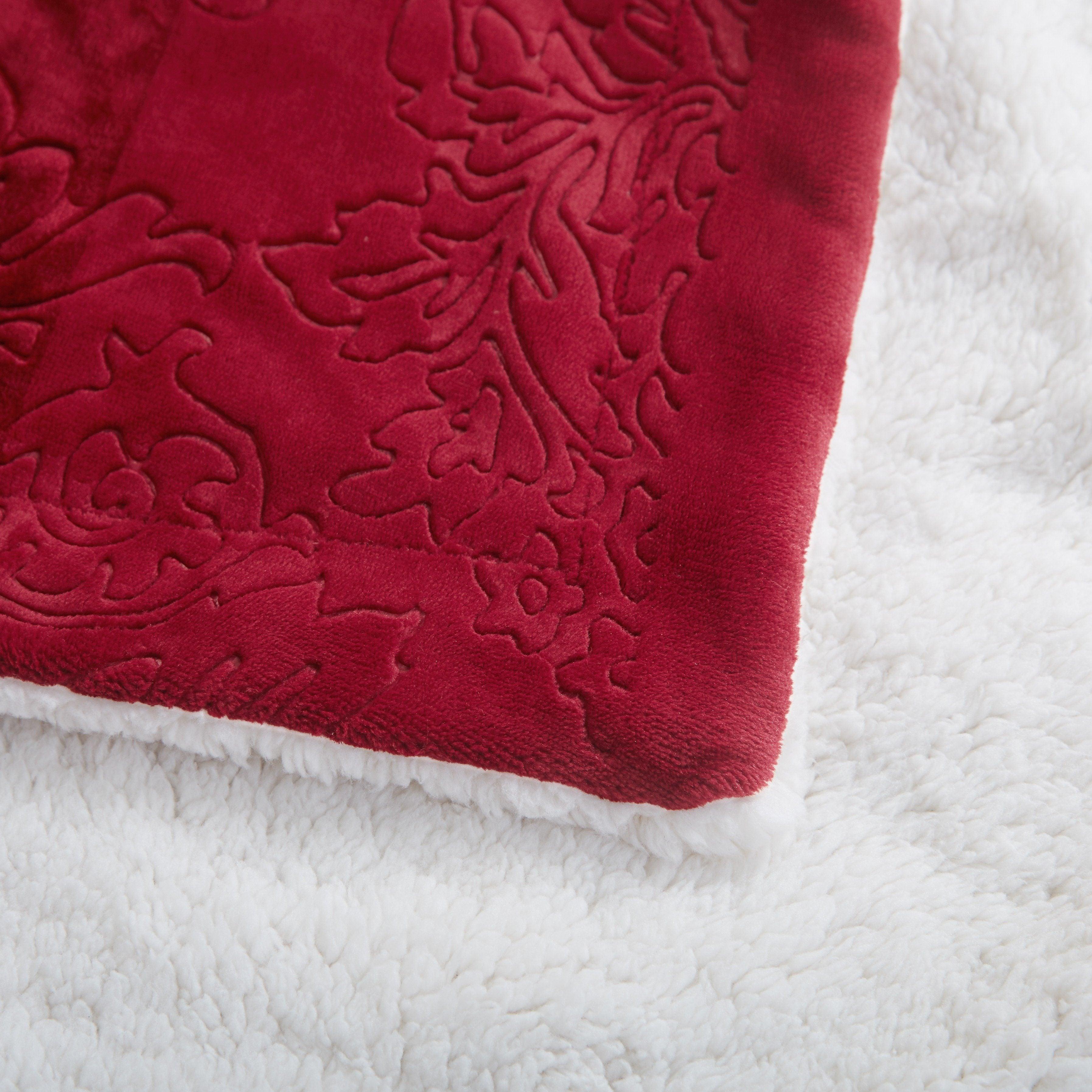 Tache Solid Embossed Merlot Red Sherpa Throw Blanket