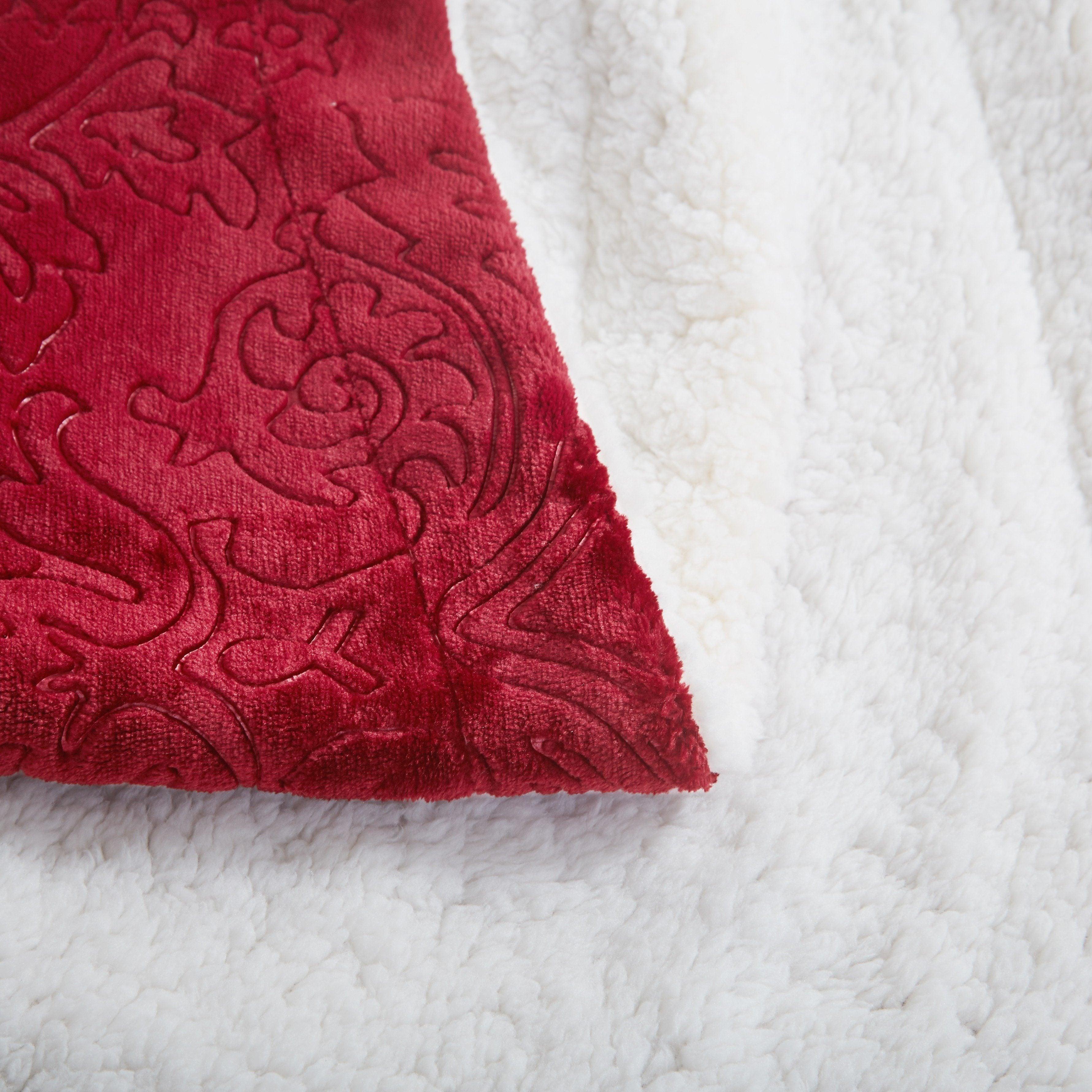 Tache Solid Embossed Merlot Red Sherpa Throw Blanket