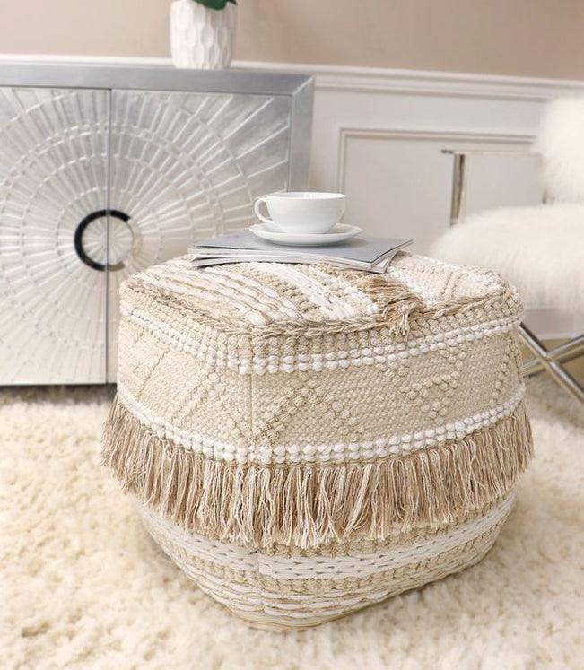 Canvello Home Grandcanyon Beige Cotton Pouf with Tassel