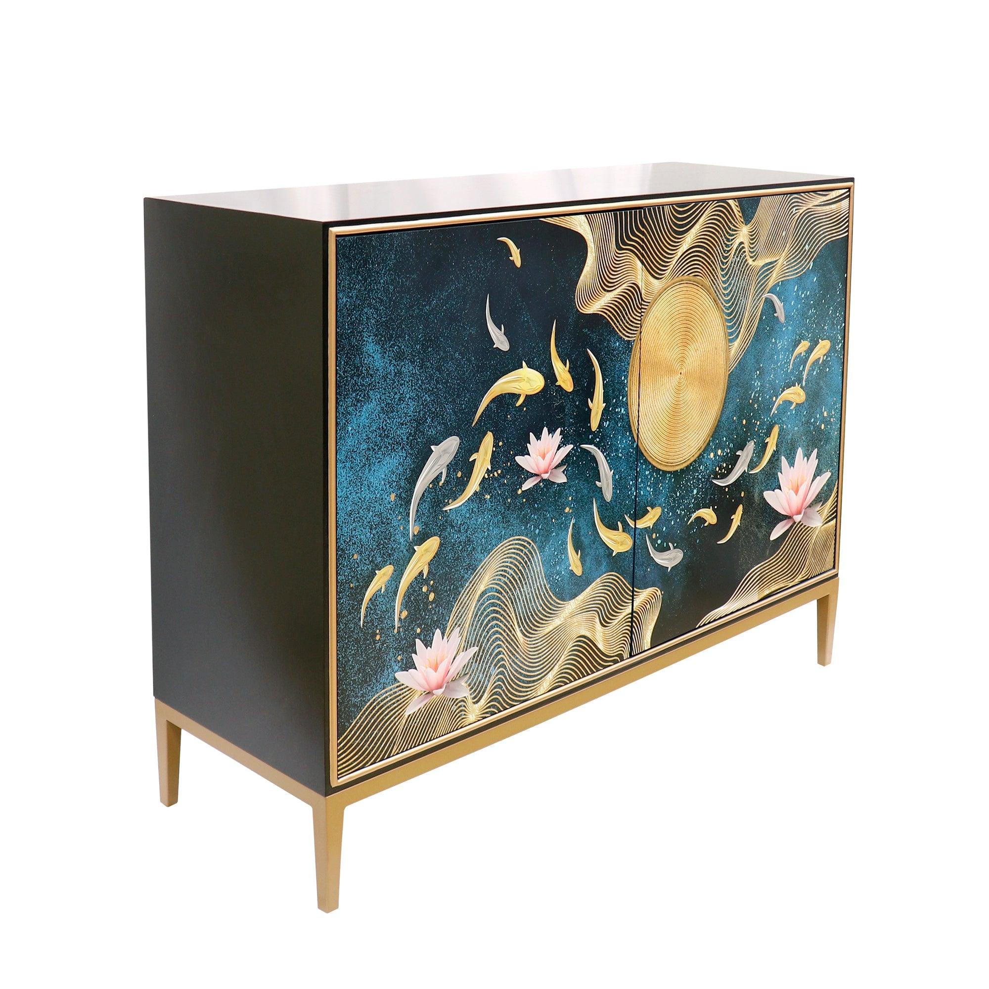 Canvello Twilight Black Cabinet, 2 Nature Print Doors with Bronze Metal Frame