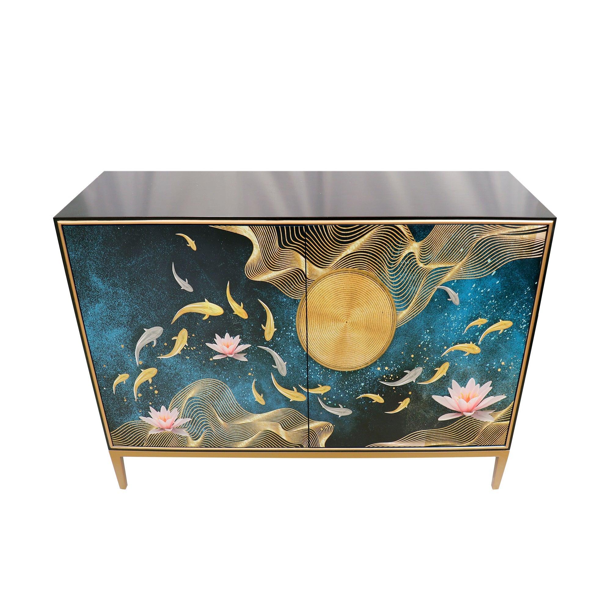 Canvello Twilight Black Cabinet, 2 Nature Print Doors with Bronze Metal Frame
