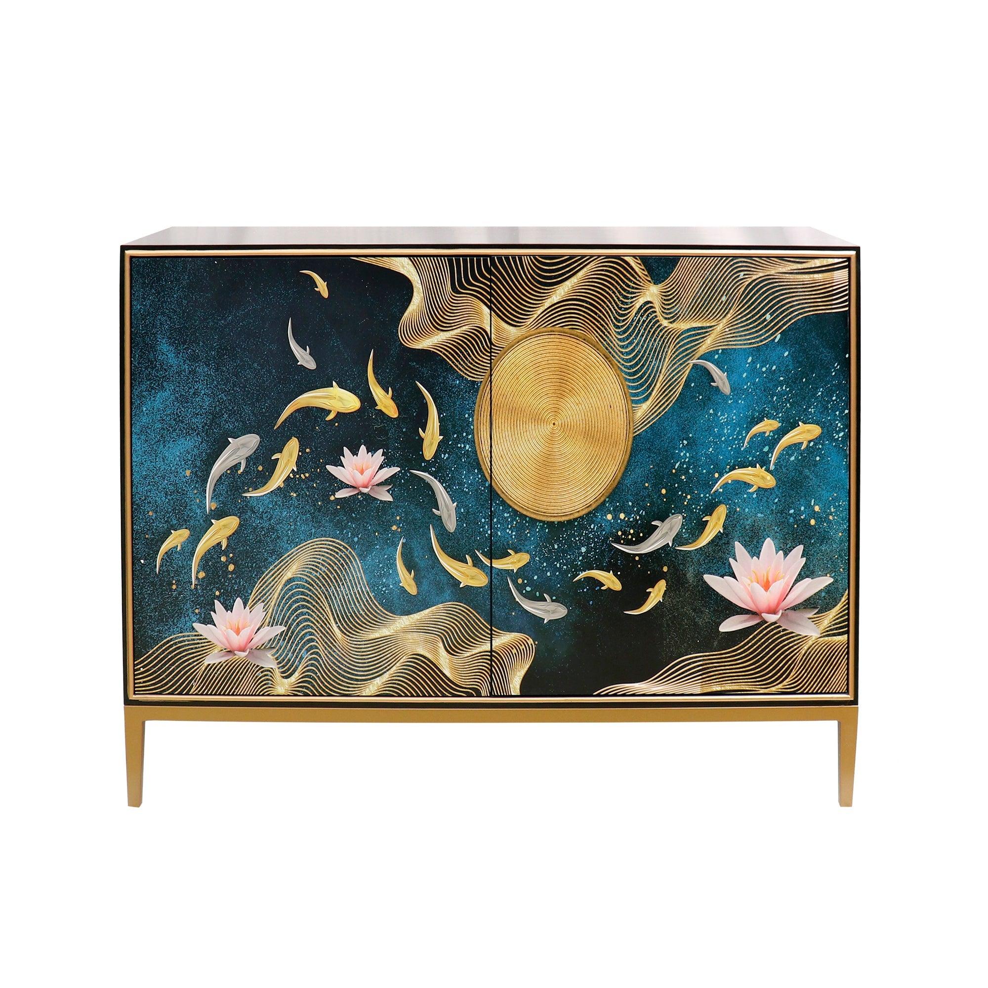 Canvello Twilight Black Cabinet, 2 Nature Print Doors with Bronze Metal Frame