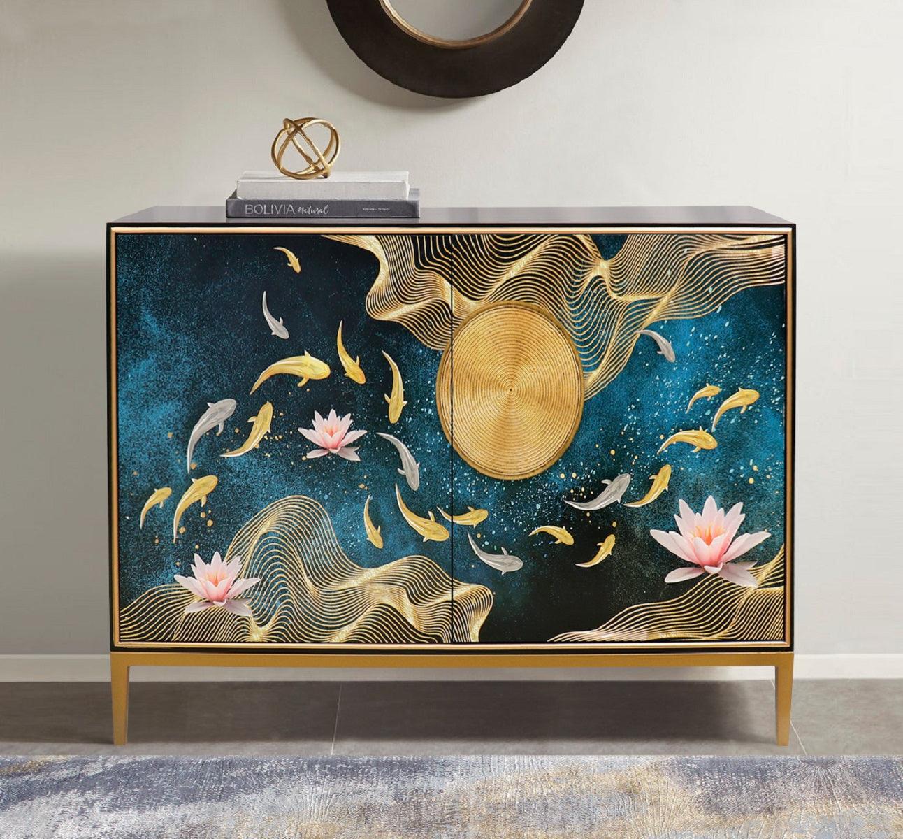 Canvello Twilight Black Cabinet, 2 Nature Print Doors with Bronze Metal Frame