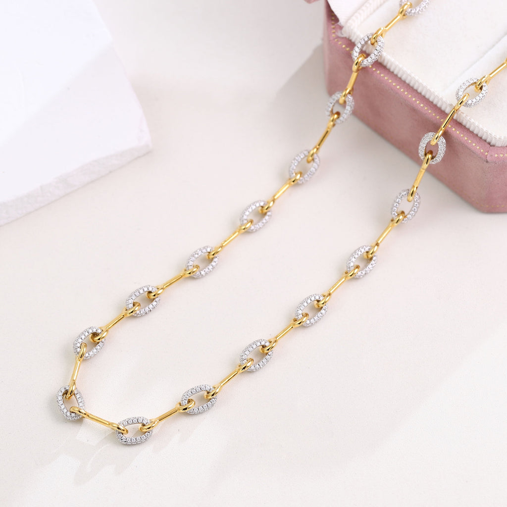 Paved Horsebit Link Chain Necklace- Moissanite And Gold Dipped Sterling Silver