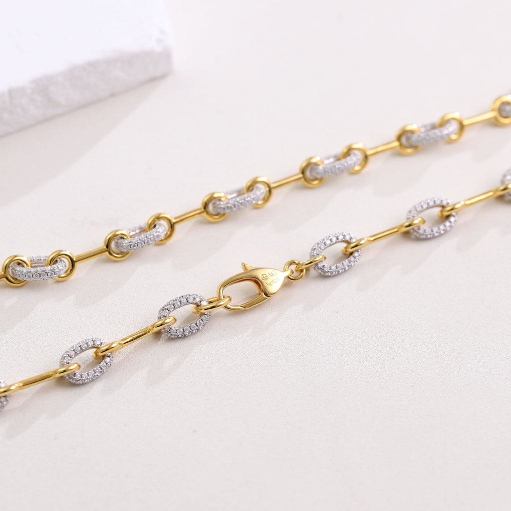 Paved Horsebit Link Chain Necklace- Moissanite And Gold Dipped Sterling Silver
