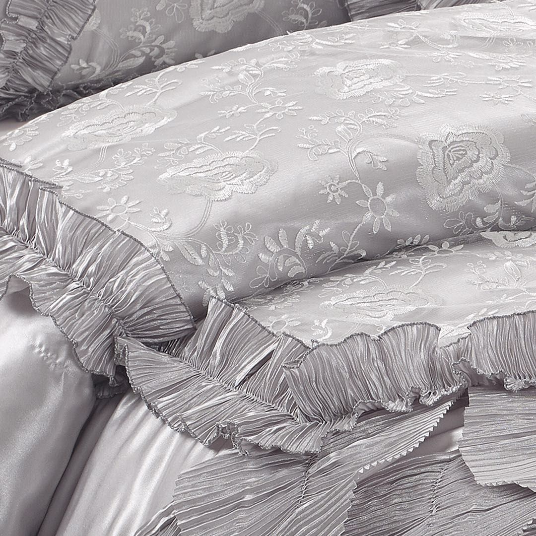 Tache Satin Ruffle Floral Lace Silver Rose Petals Comforter Set (HYZ102)