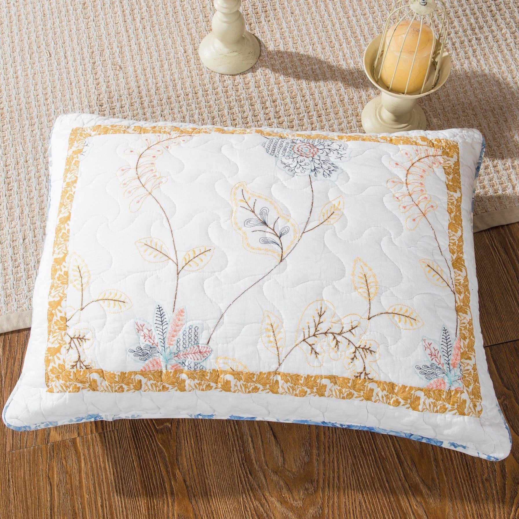 Tache Coastal Cottage Embroidered White Blue Yellow Floral Cotton Patchwork Quilt Set (JHW-668)