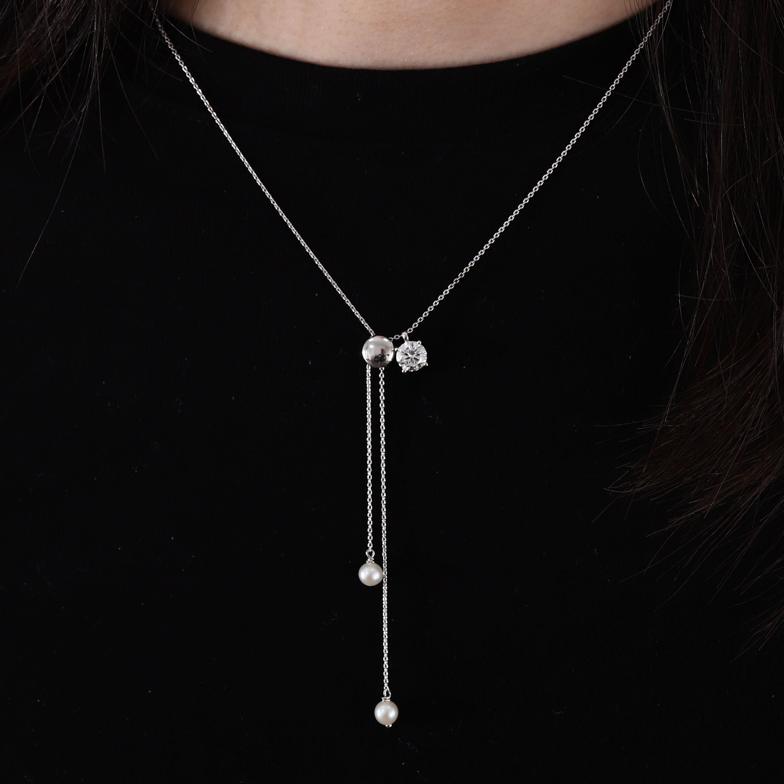 1 Carat Solitaire Diamond Adjustable Necklace - White Gold Plated Sterling silver-1